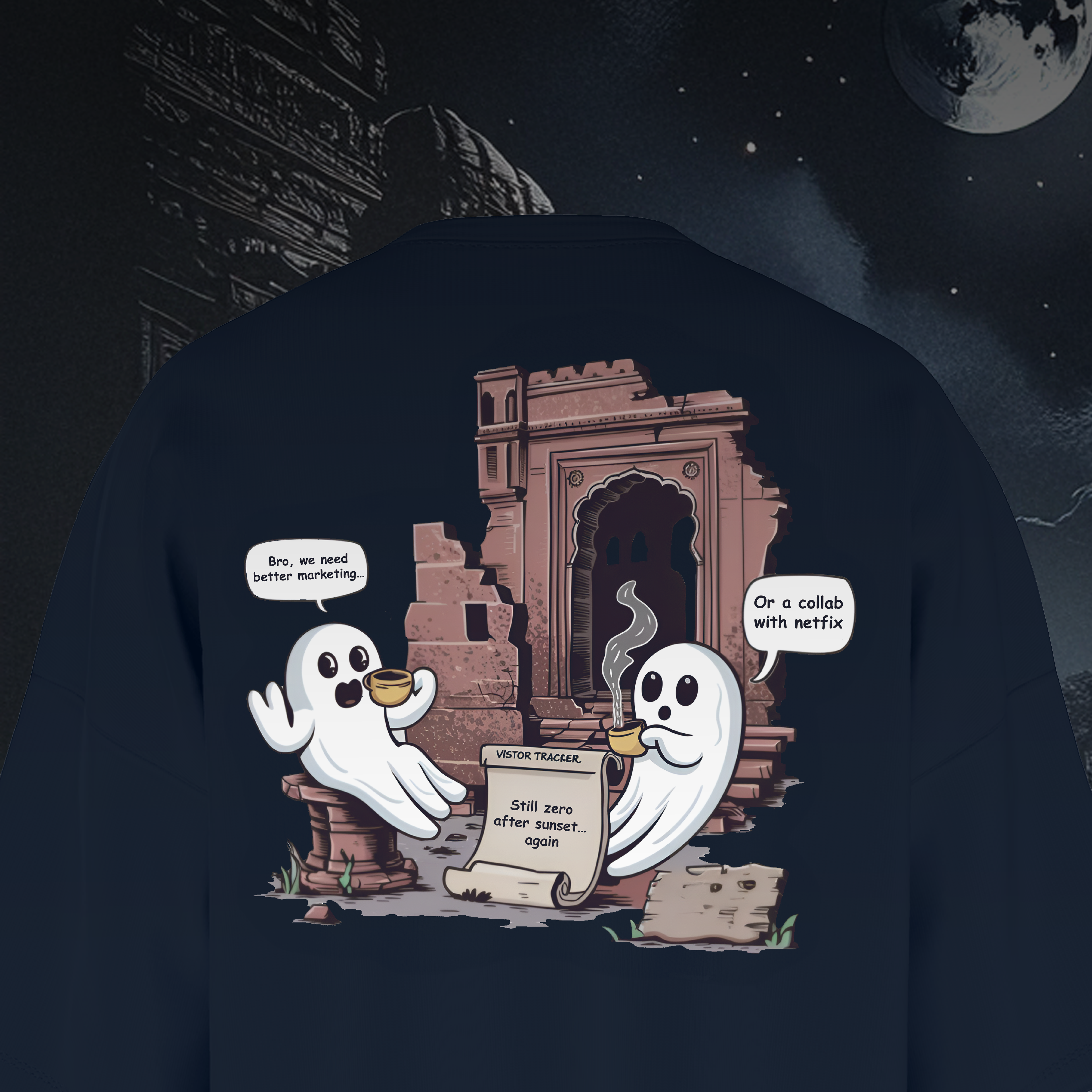 Navy Blue Oversized T-shirt with cartoon ghosts and ruins design on a dark background