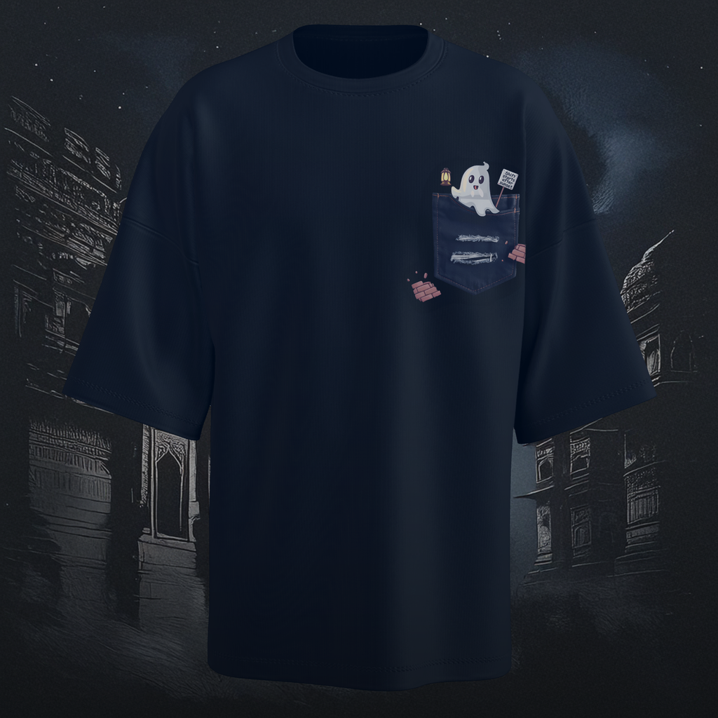 Navy blue oversized t-shirt with a ghost design on a pocket against a dark background