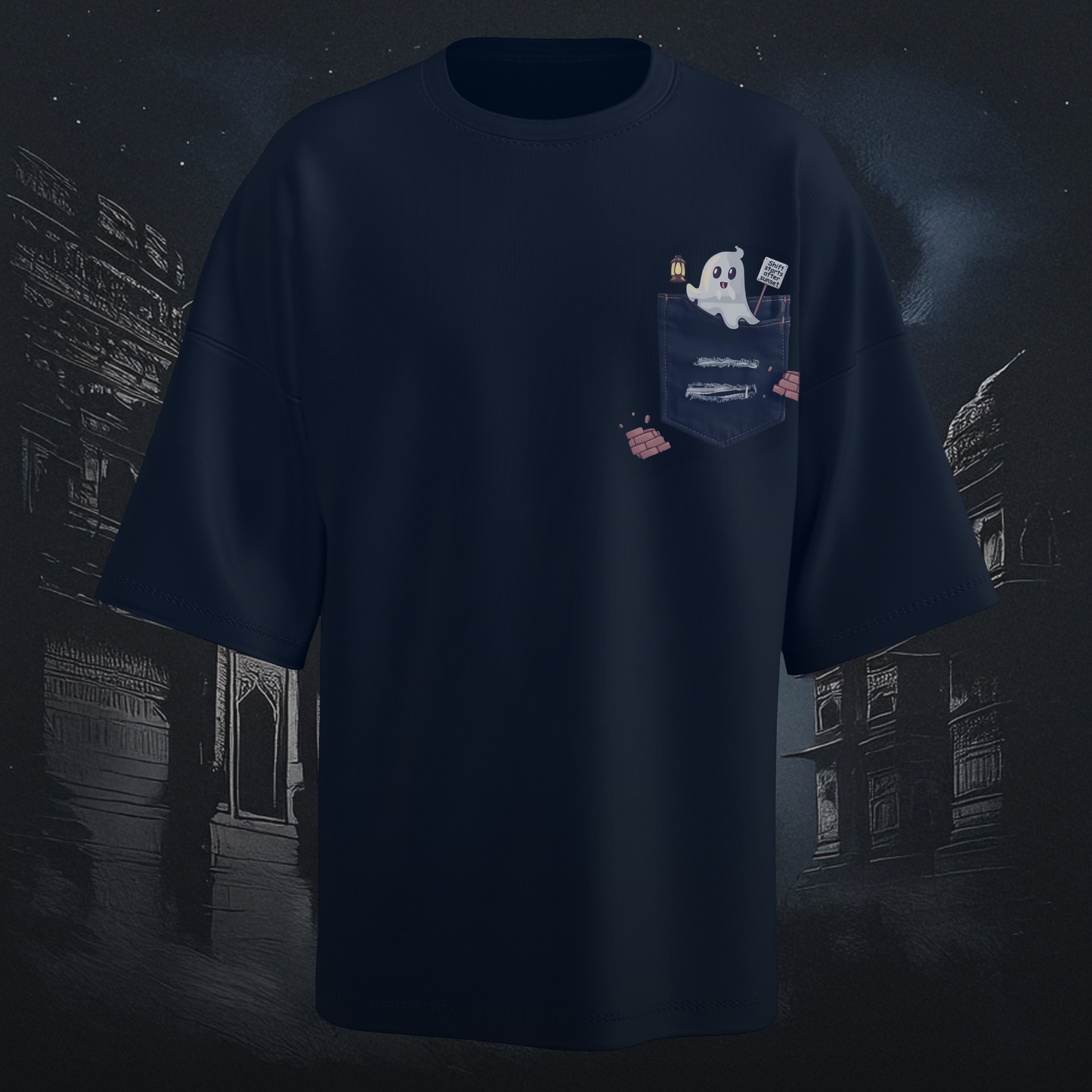 Navy blue oversized t-shirt with a ghost design on a pocket against a dark background