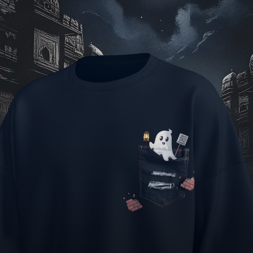 Navy blue oversized t-shirt with a ghost design on a dark background