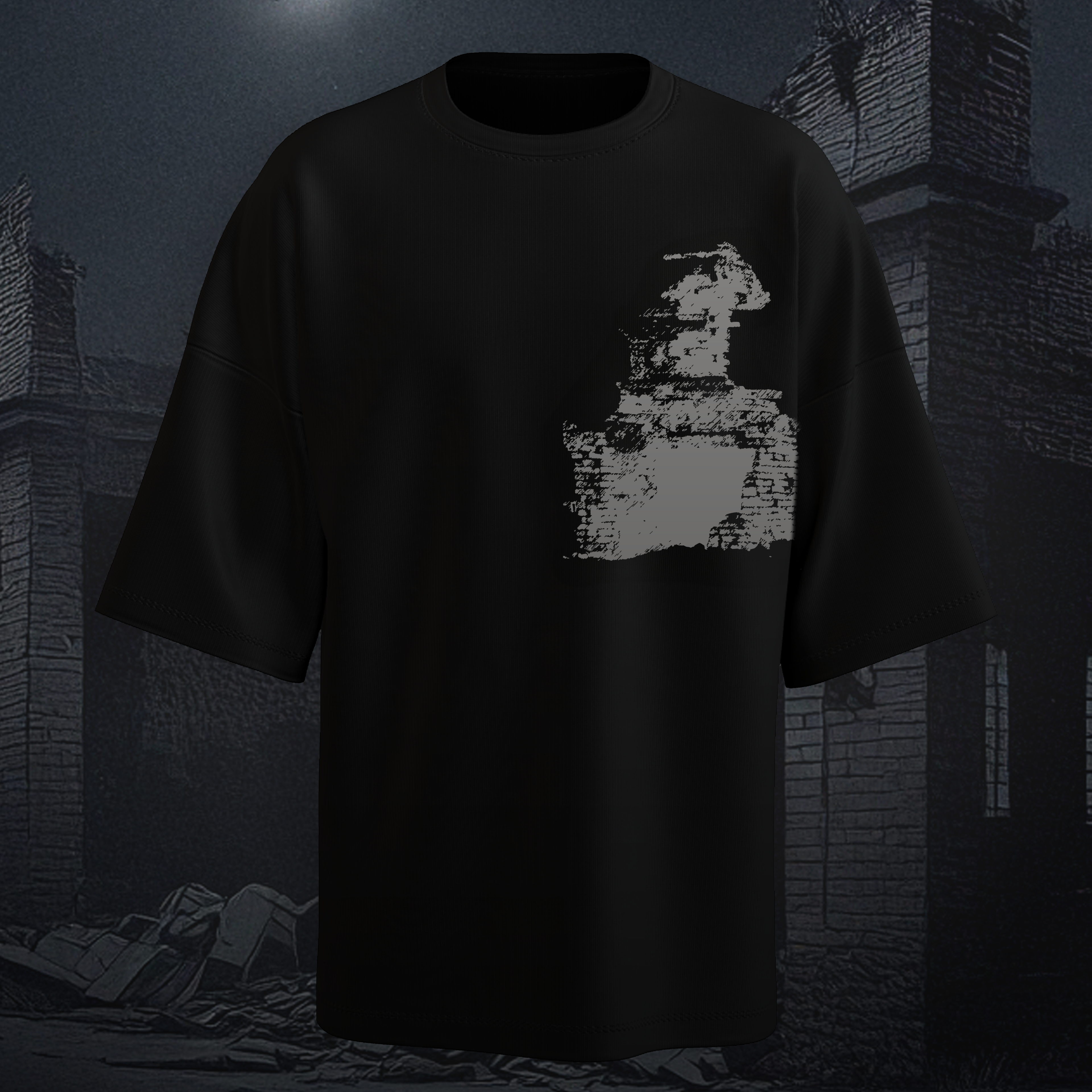 Black oversized t-shirt with a white graphic design on a dark, possibly post-apocalyptic background