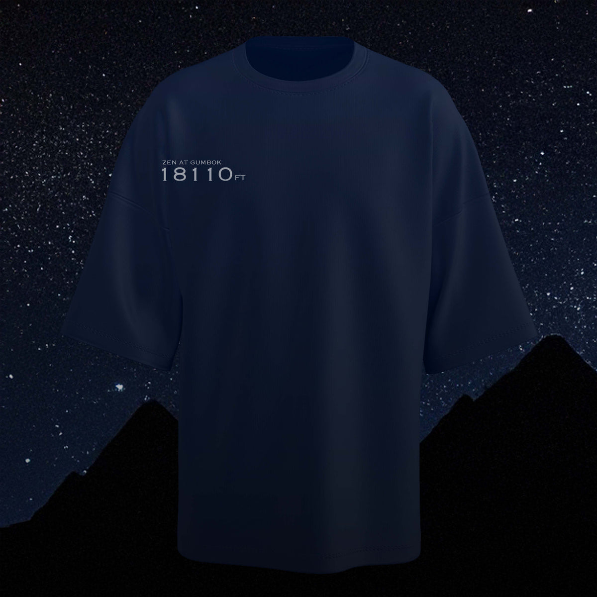 Gumbok Navy blue oversized t-shirt with text on a dark starry night background