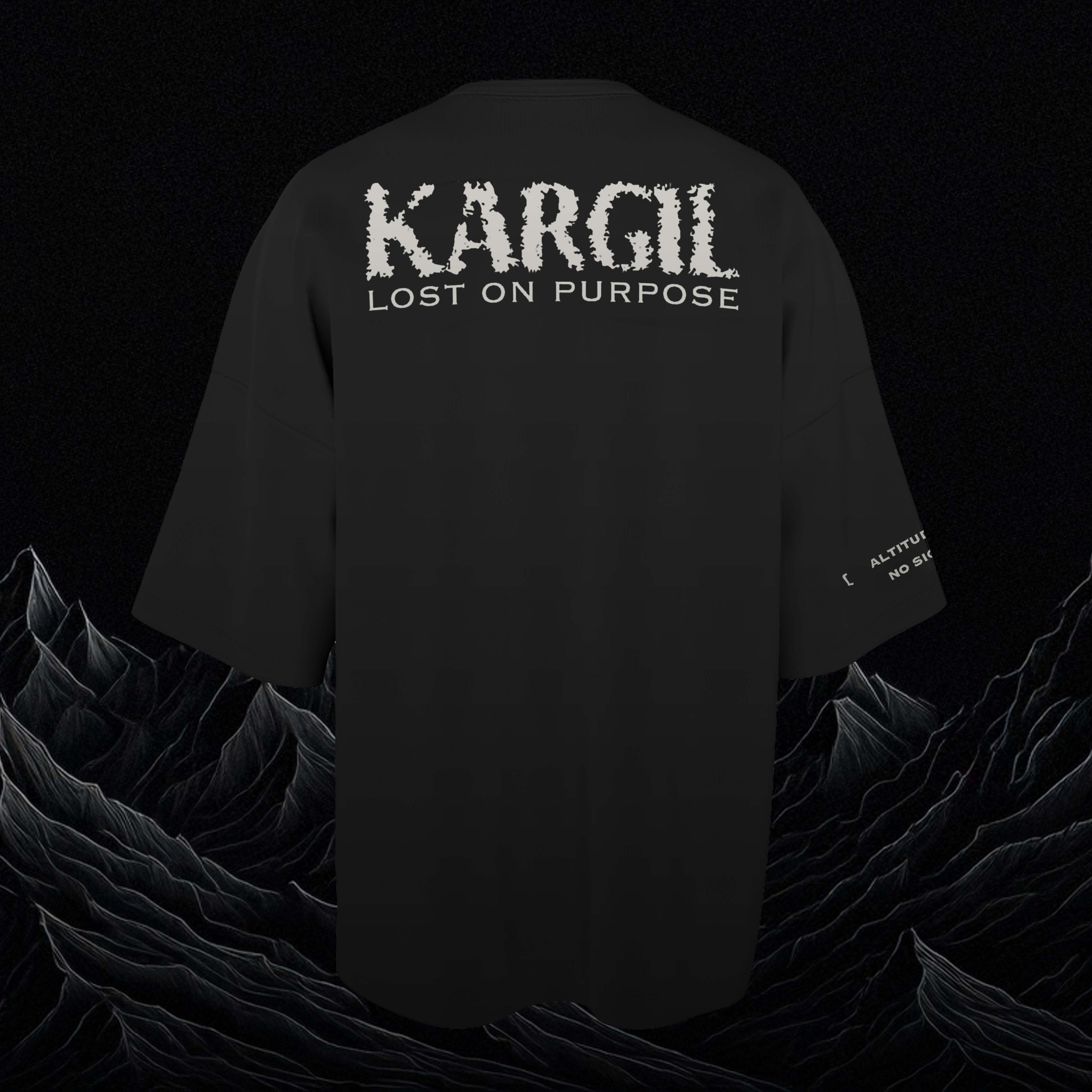 Kargil oversized Black t-shirt with 'Kargil Lost on Purpose' text on a dark background