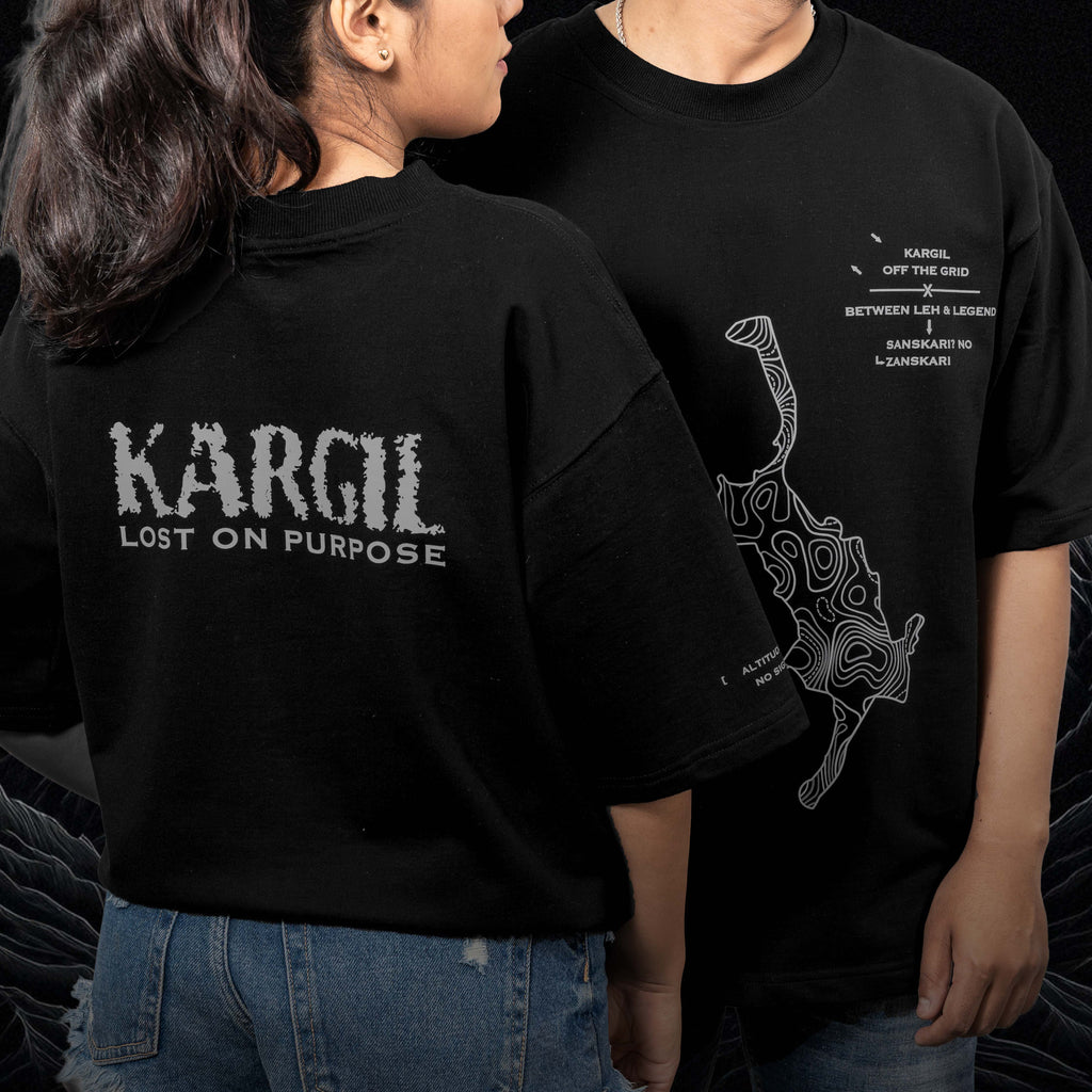 Oversized T-shirt in Kargil Black featuring bold graphic and contour-map design, perfect for unisex streetwear enthusiasts.