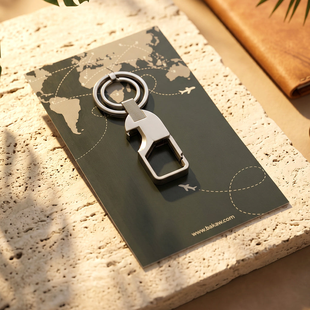 Metallic bottle opener on a world map card with 'www.bakaw.com' printed on it, placed on a textured surface.