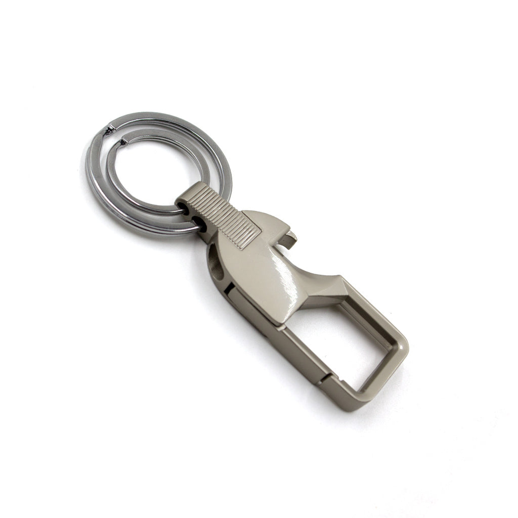 Metallic keychain with bottle opener on a white background