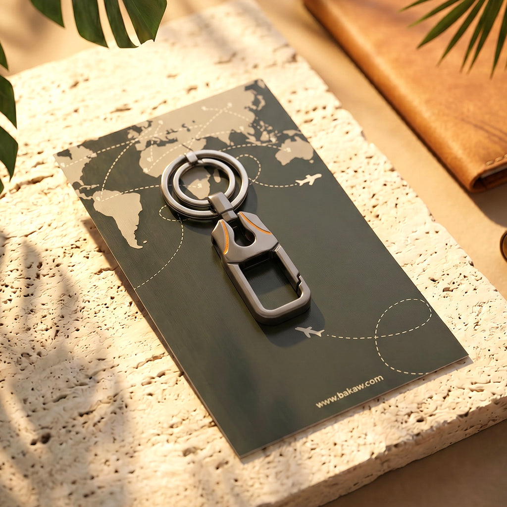 Keychain on a world map card with a natural background