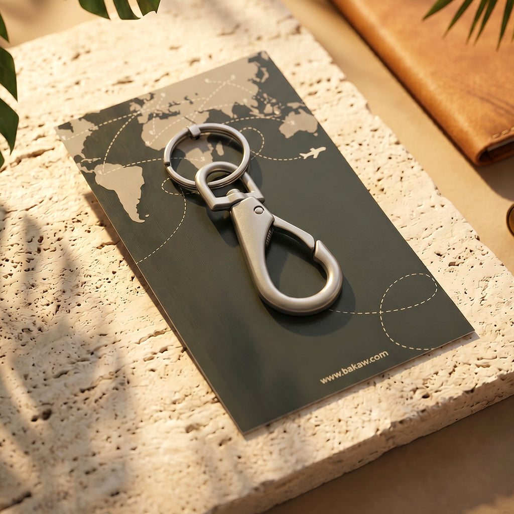 Silver keychain on a world map card with a natural background