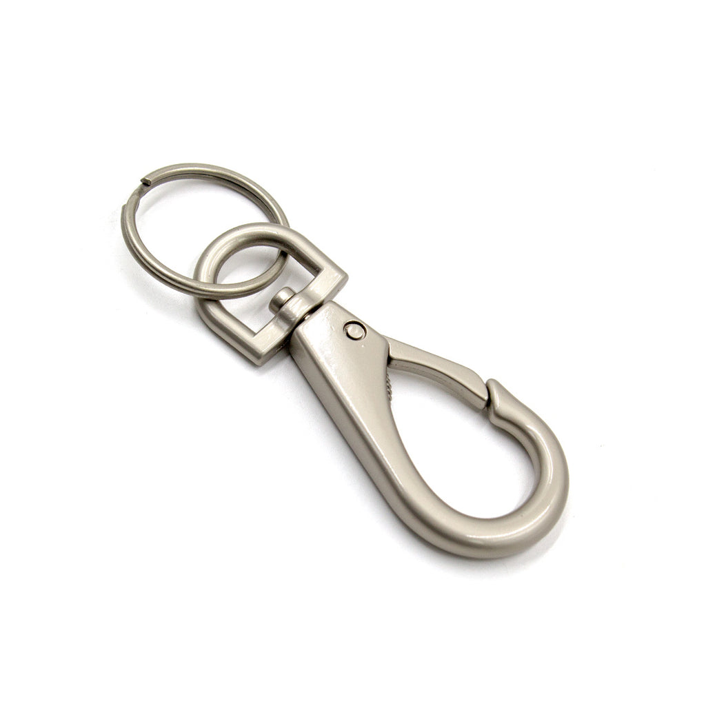 Metallic keychain with a swivel clip on a white background