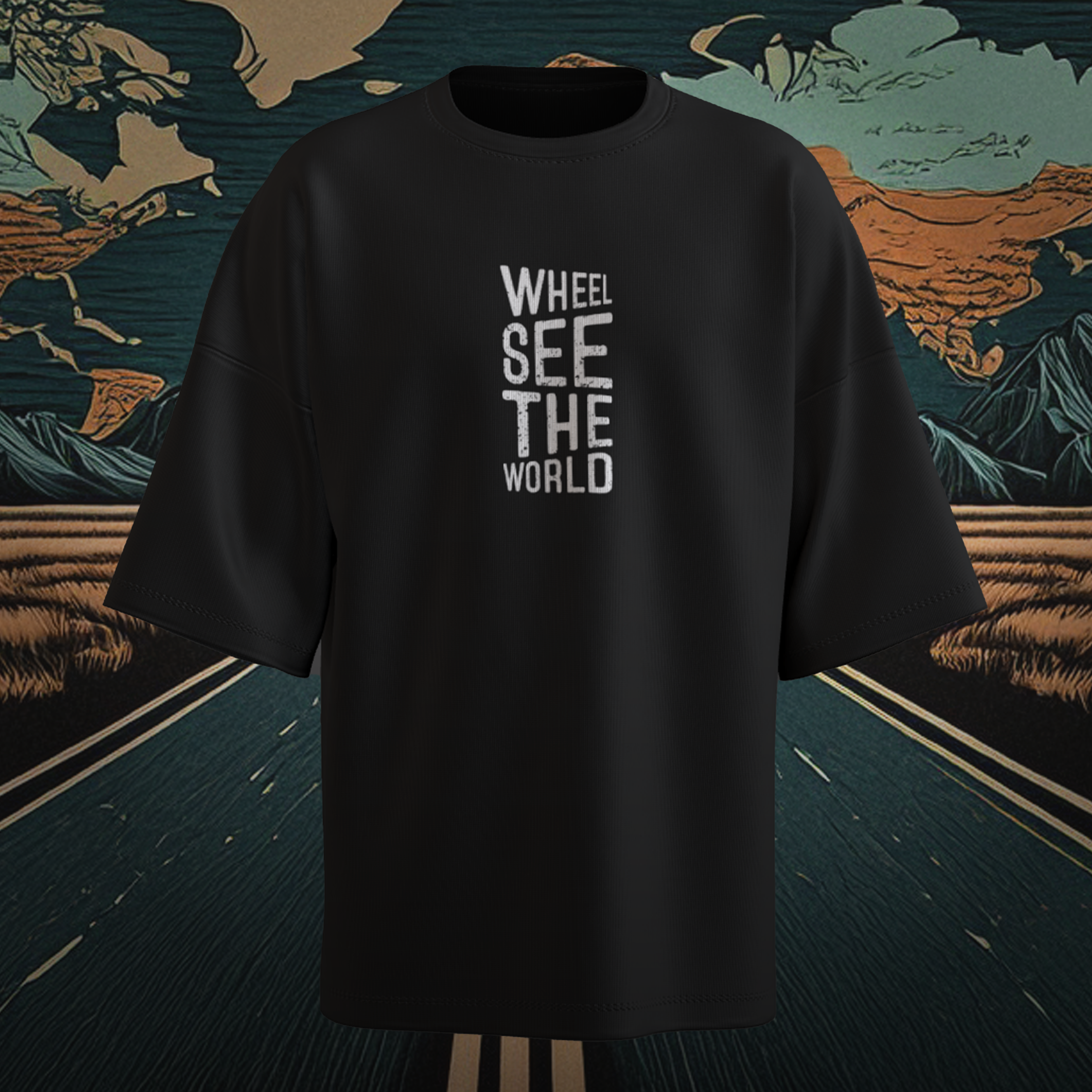 Black oversized t-shirt with 'WHEEL SEE THE WORLD' text on a decorative background