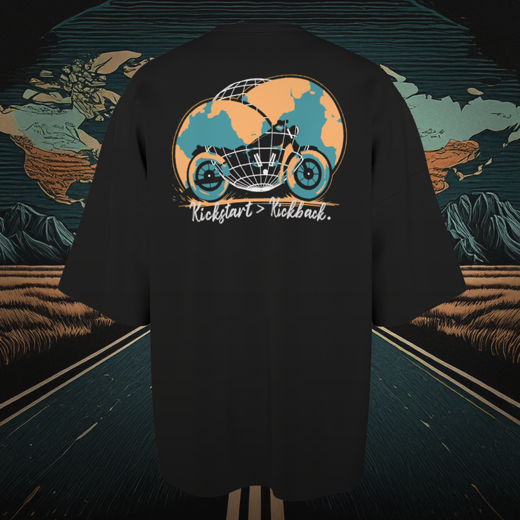 Black oversized t-shirt with a graphic design of a motorcycle and world map on a textured background