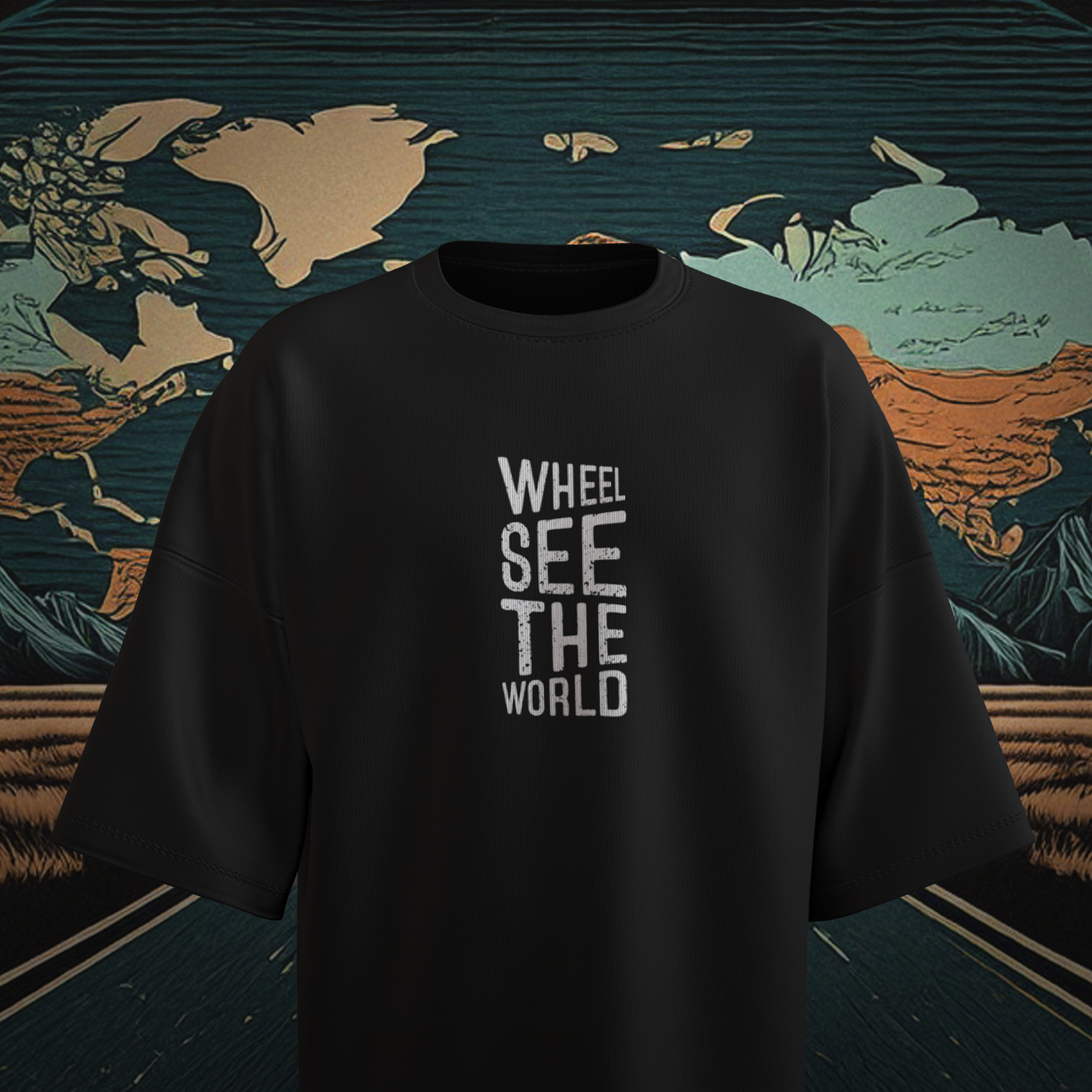 Black oversized t-shirt with 'WHEEL SEE THE WORLD' text on a world map background