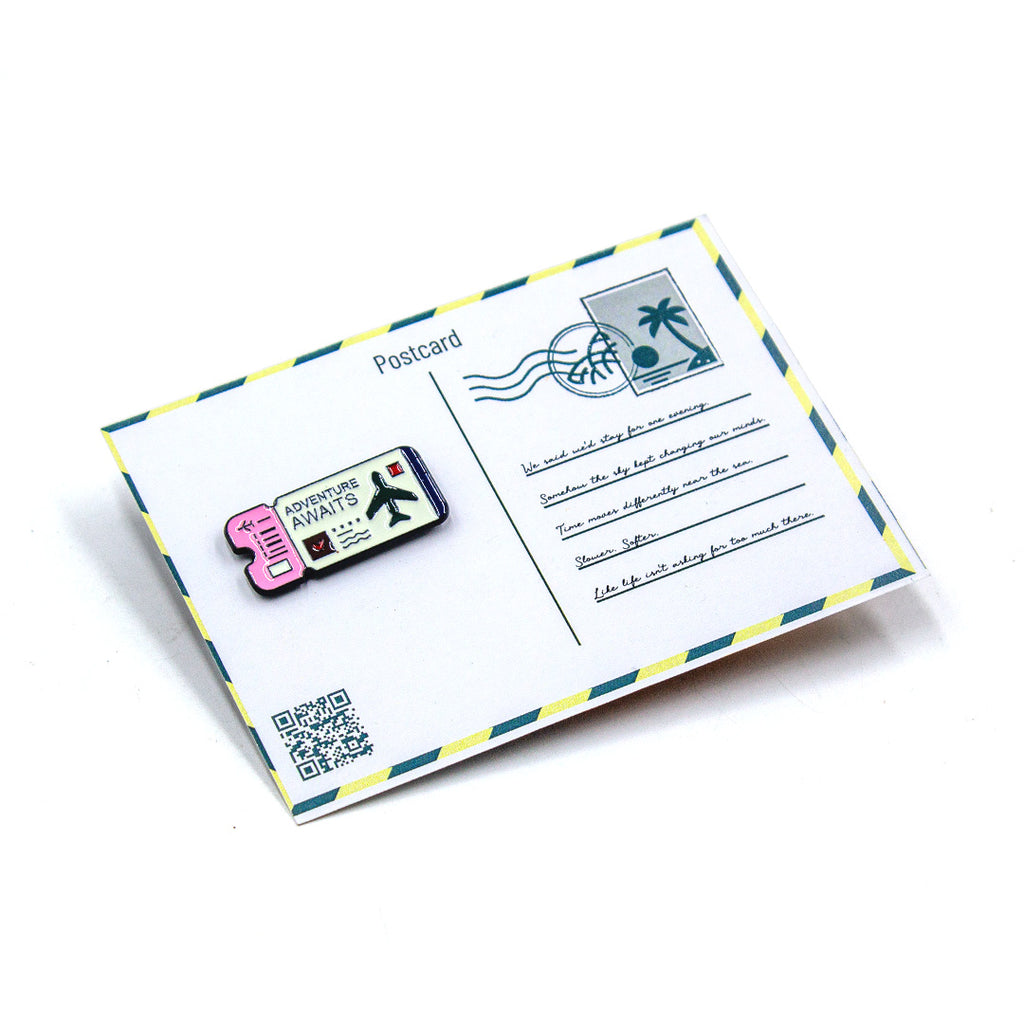Postcard with a pin featuring a palm tree design on a white background