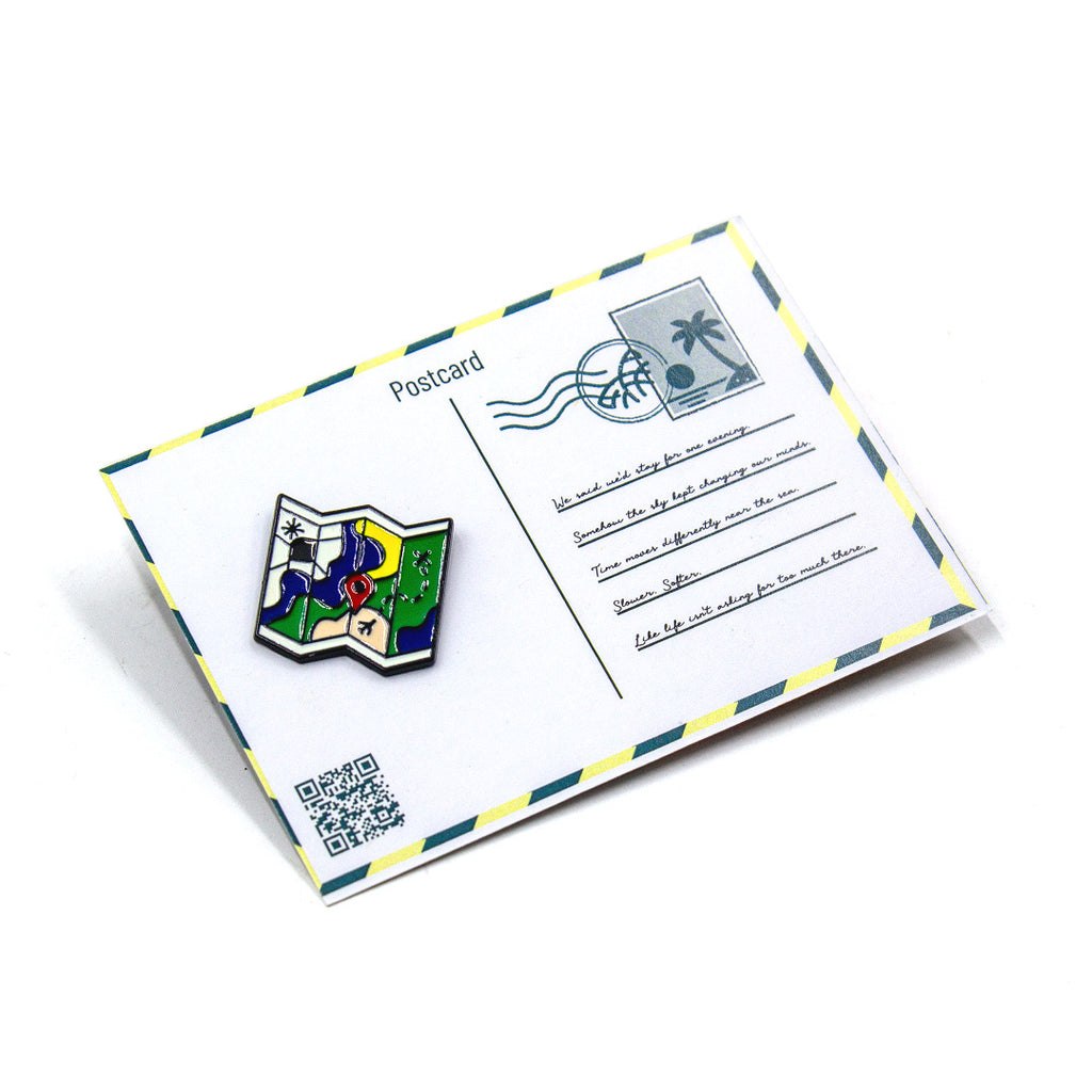Postcard with a map design, QR code, and postage stamp illustration on a white background