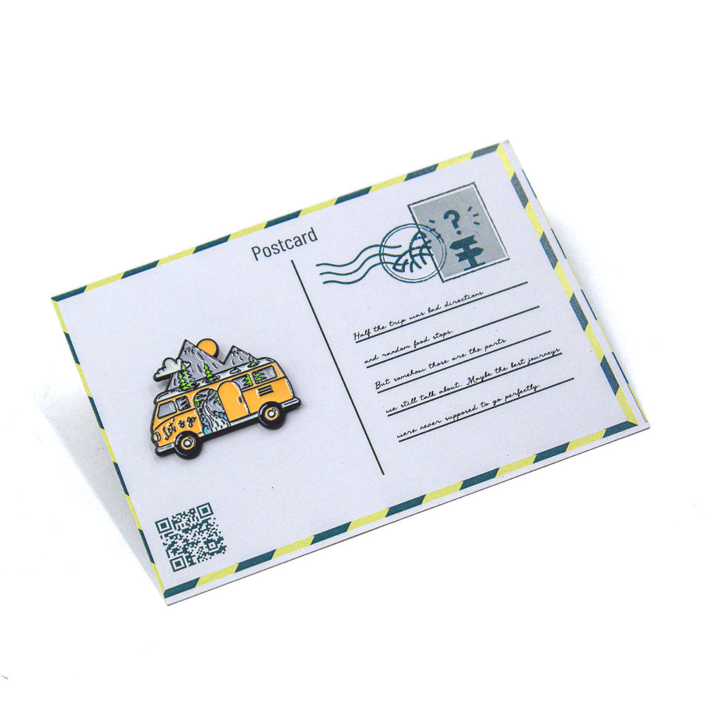Postcard with a yellow van illustration and QR code on a white background