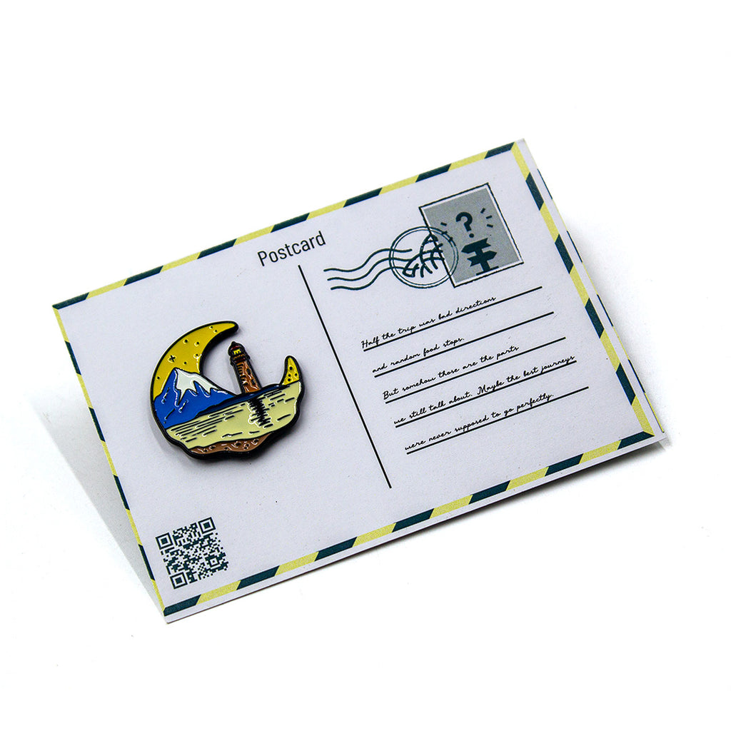 Postcard with a scenic badge and a QR code on a white background