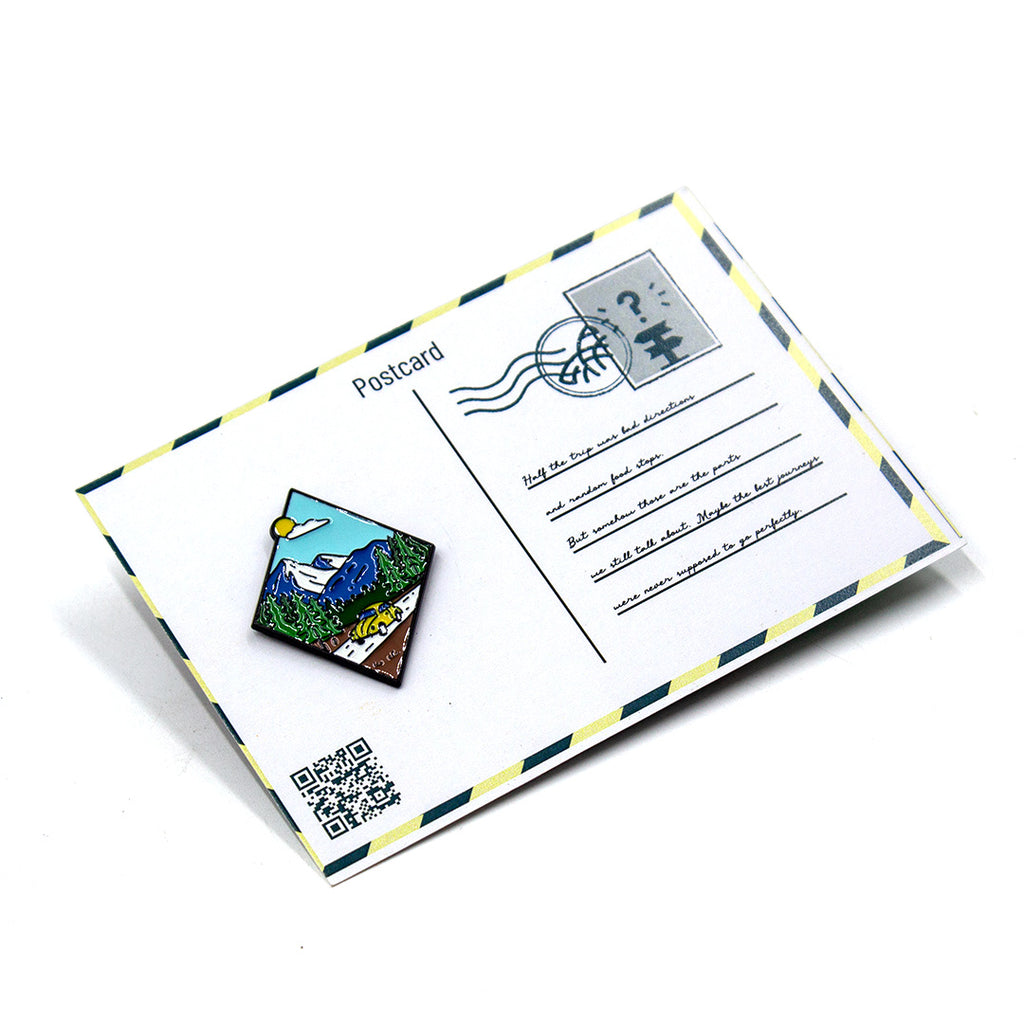 Postcard with scenic illustration and QR code on a white background