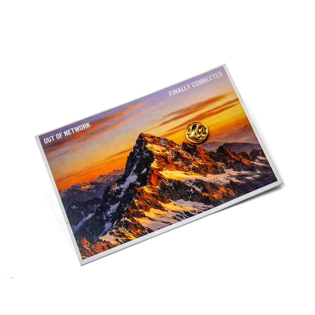 Postcard with mountain landscape and text 'Out of Network' and 'Finally Connected' on a white background