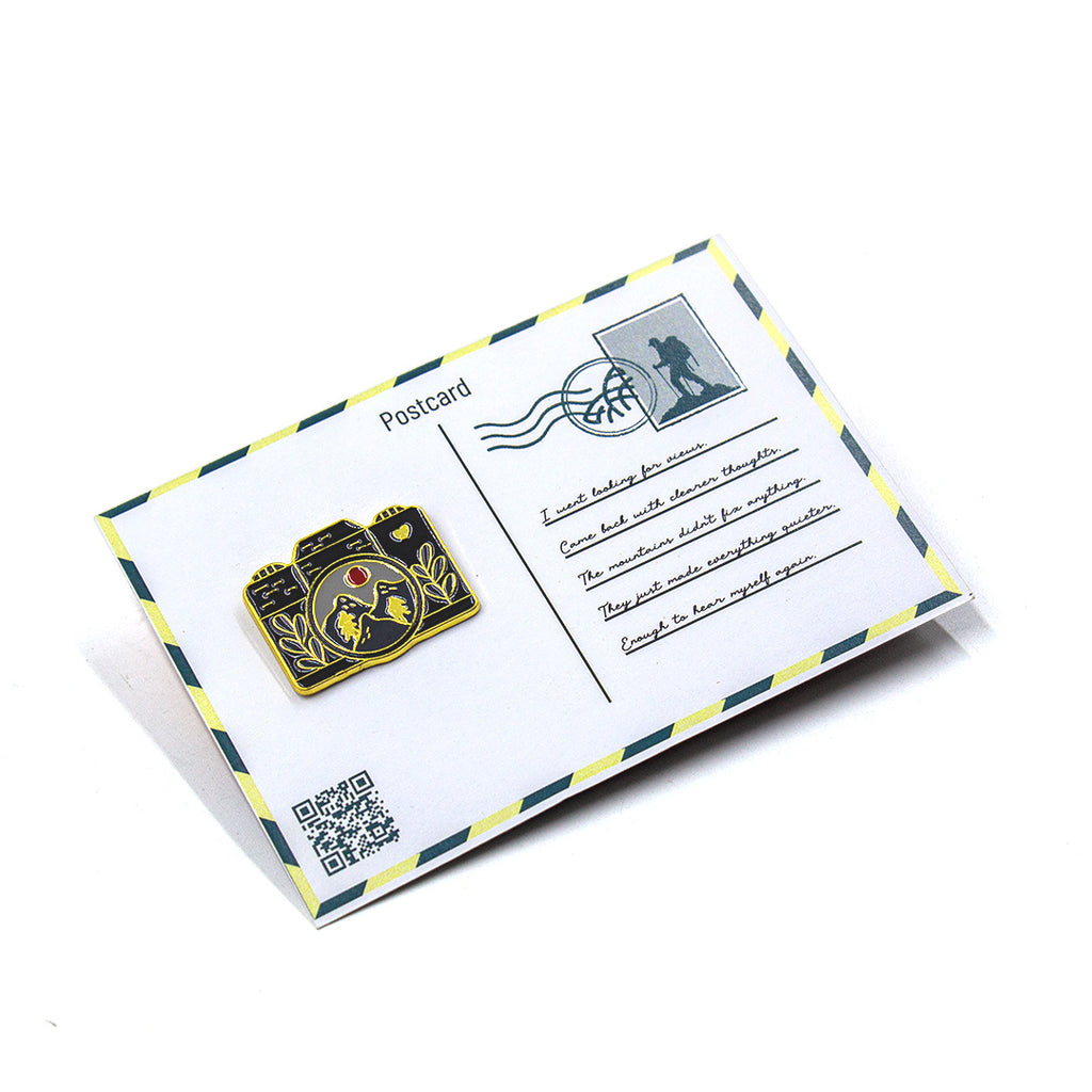 Postcard with a camera design and QR code on a white background