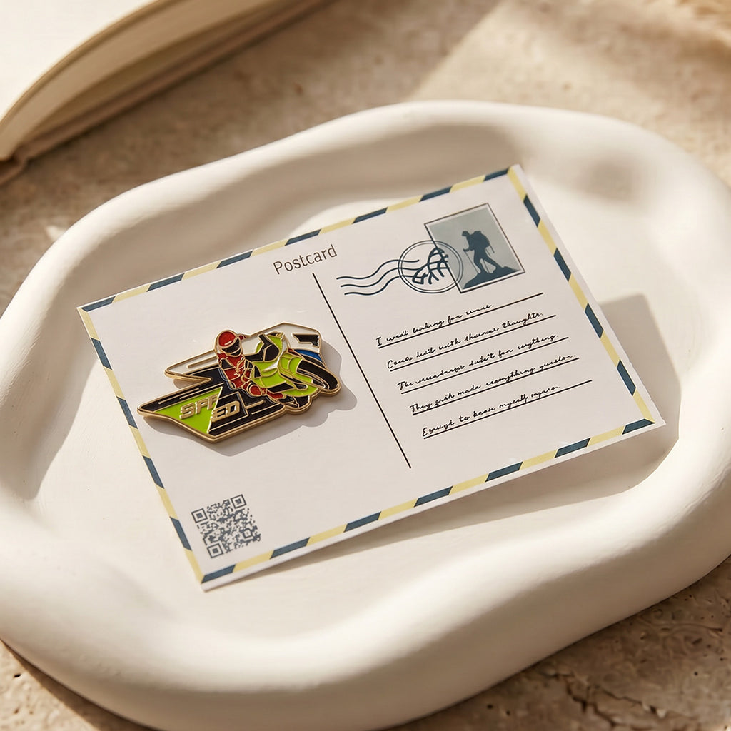 Pin on a postcard with a decorative envelope on a beige surface