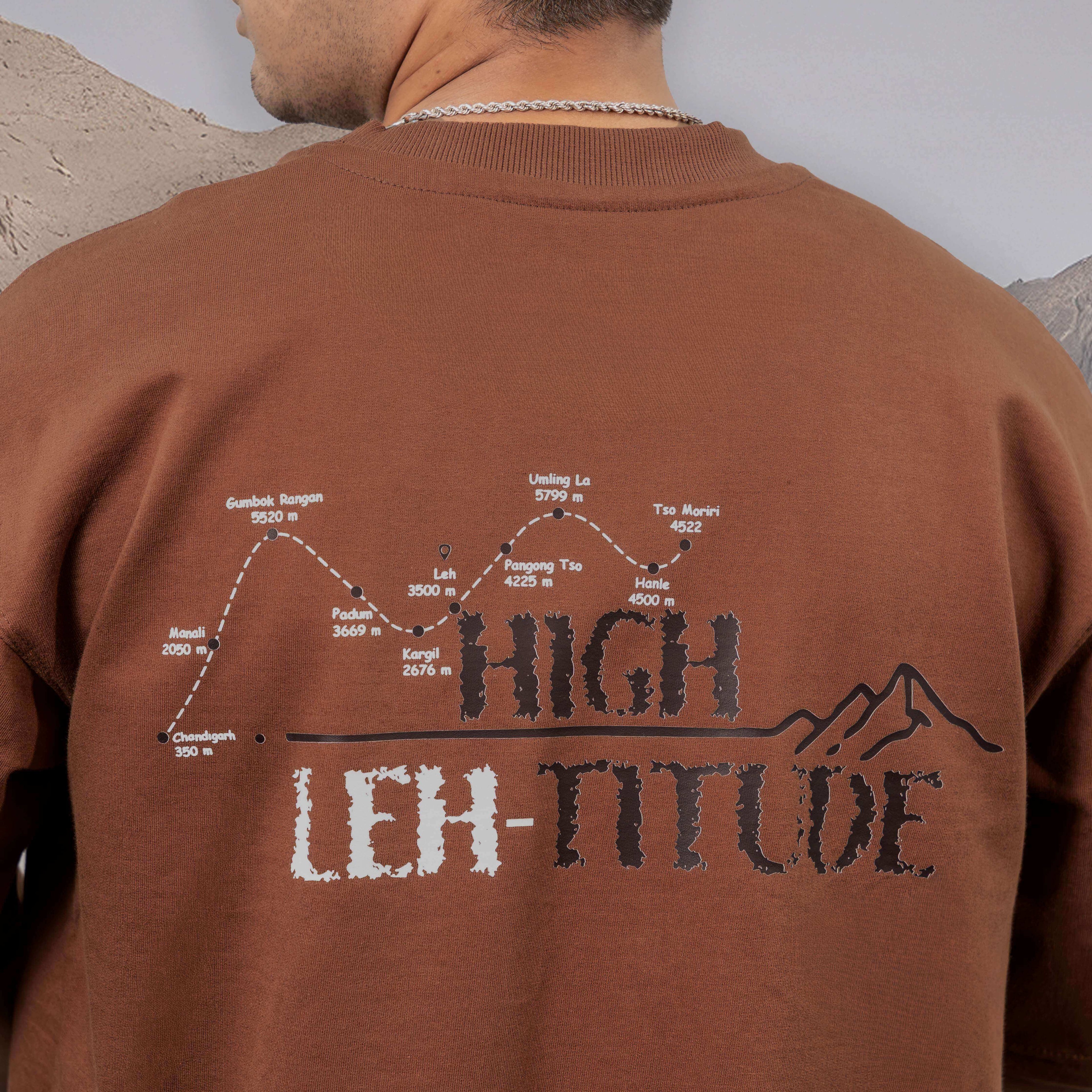 Leh Brown oversized t-shirt with 'HIGH LEH-NTITUDE' design on the back, worn by a person.
