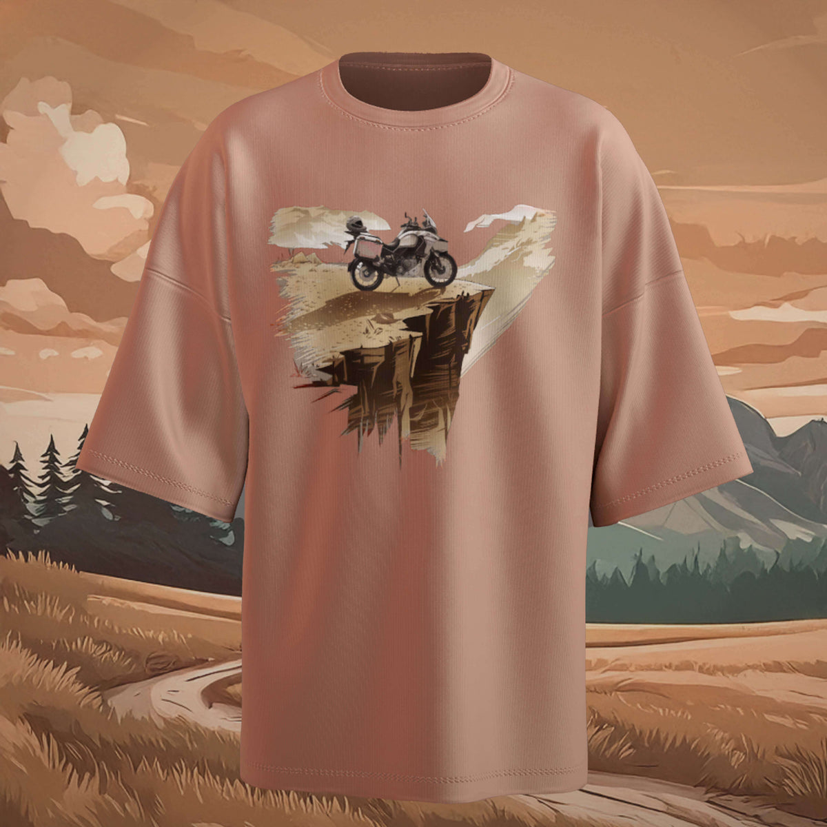 Lost the wifi Beige Oversized T-shirt with a graphic of a motorcycle on a scenic background