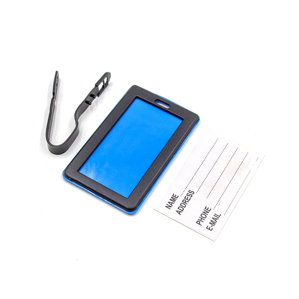 Blue ID card holder with black frame and lanyard on a white background