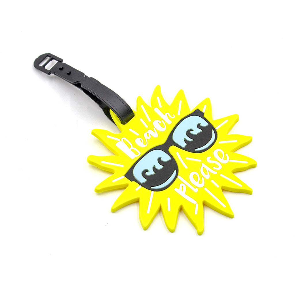 Yellow sun-shaped luggage tag with sunglasses design and 'Please Wear Me' text on a white background