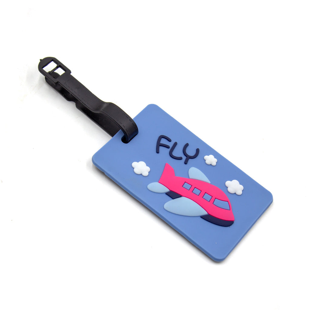 Luggage tag with airplane design and 'FLY' text on a blue background