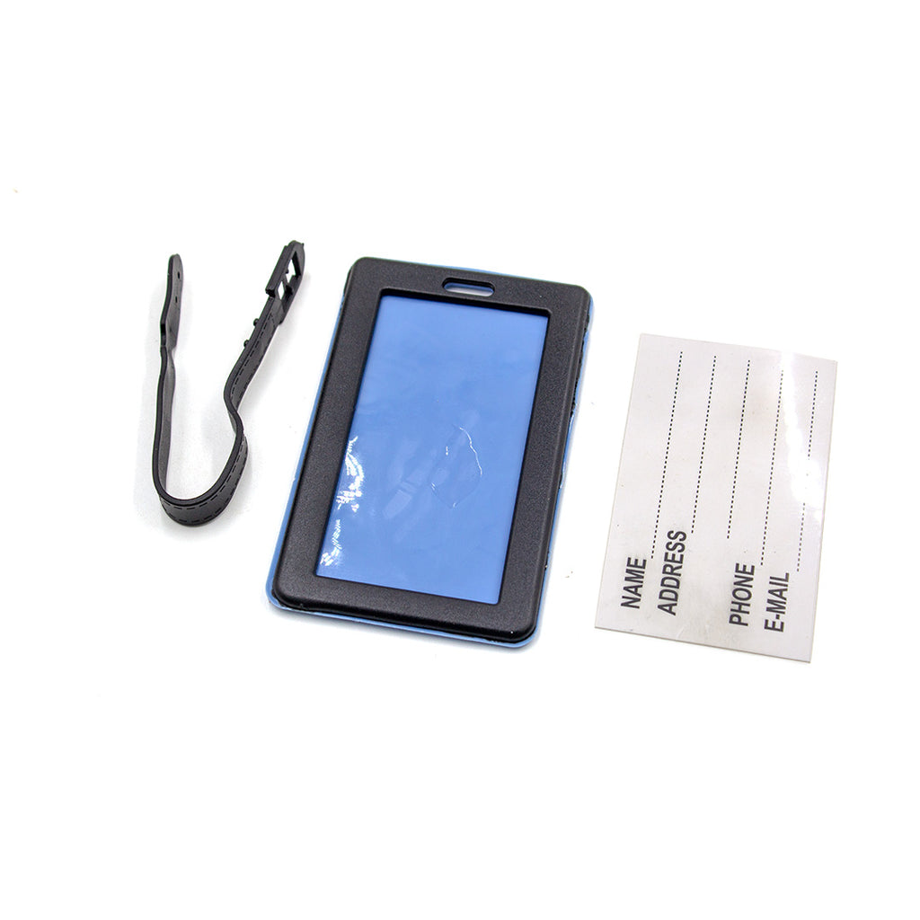 Black lanyard with a blue screen device and a label on a white background