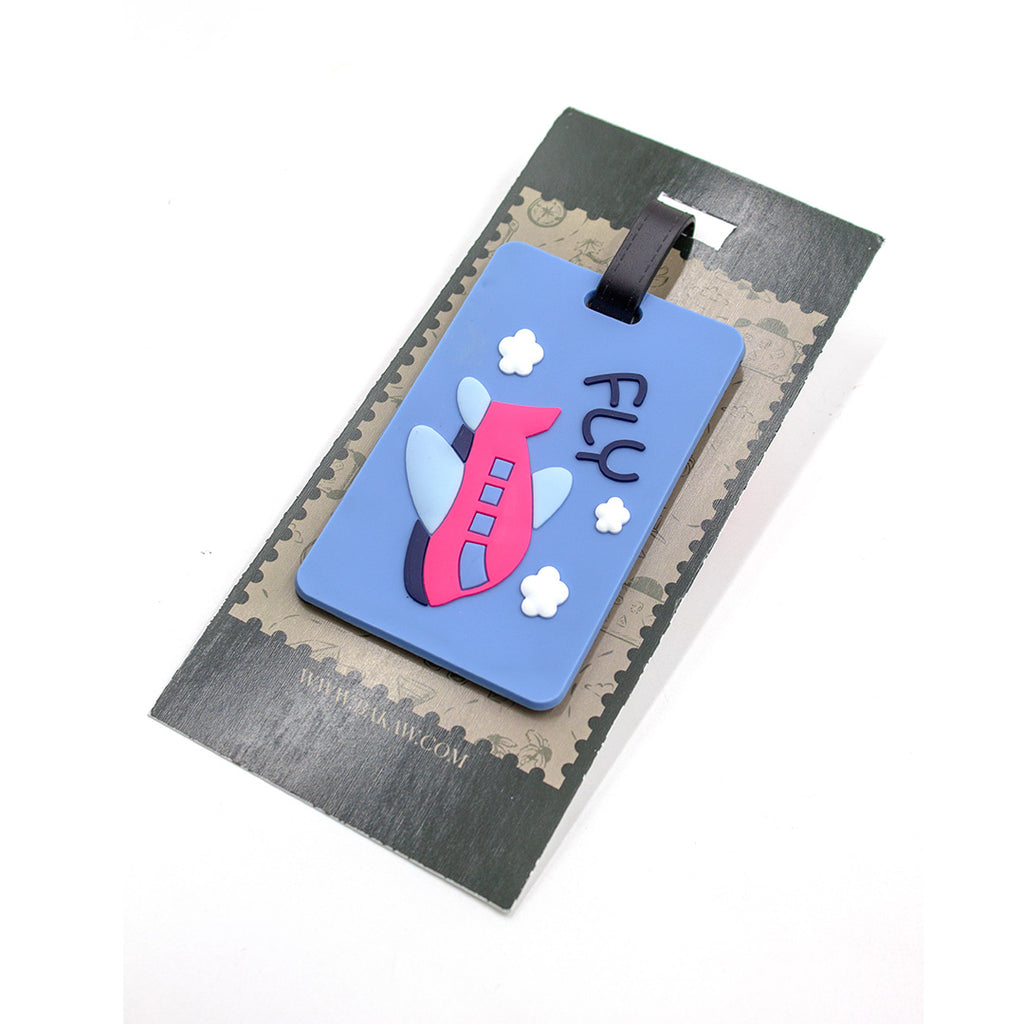 Luggage tag with airplane design and 'FLY' text on a decorative card