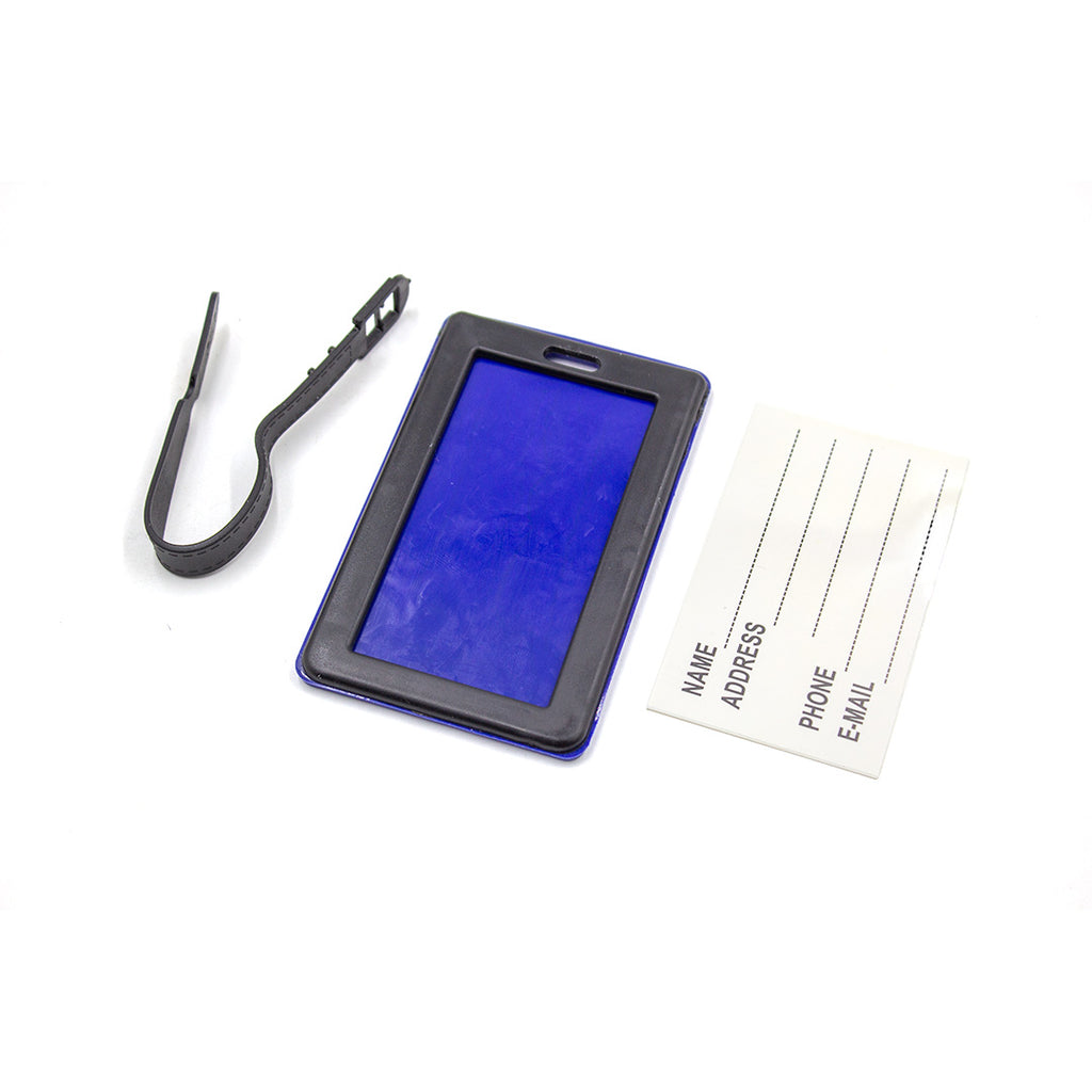 Blue ID card holder with a strap and a white card with text on a white background
