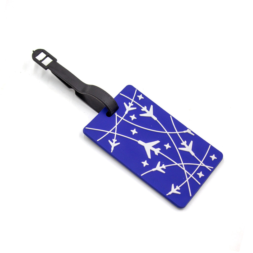 Blue luggage tag with white airplane design on a white background