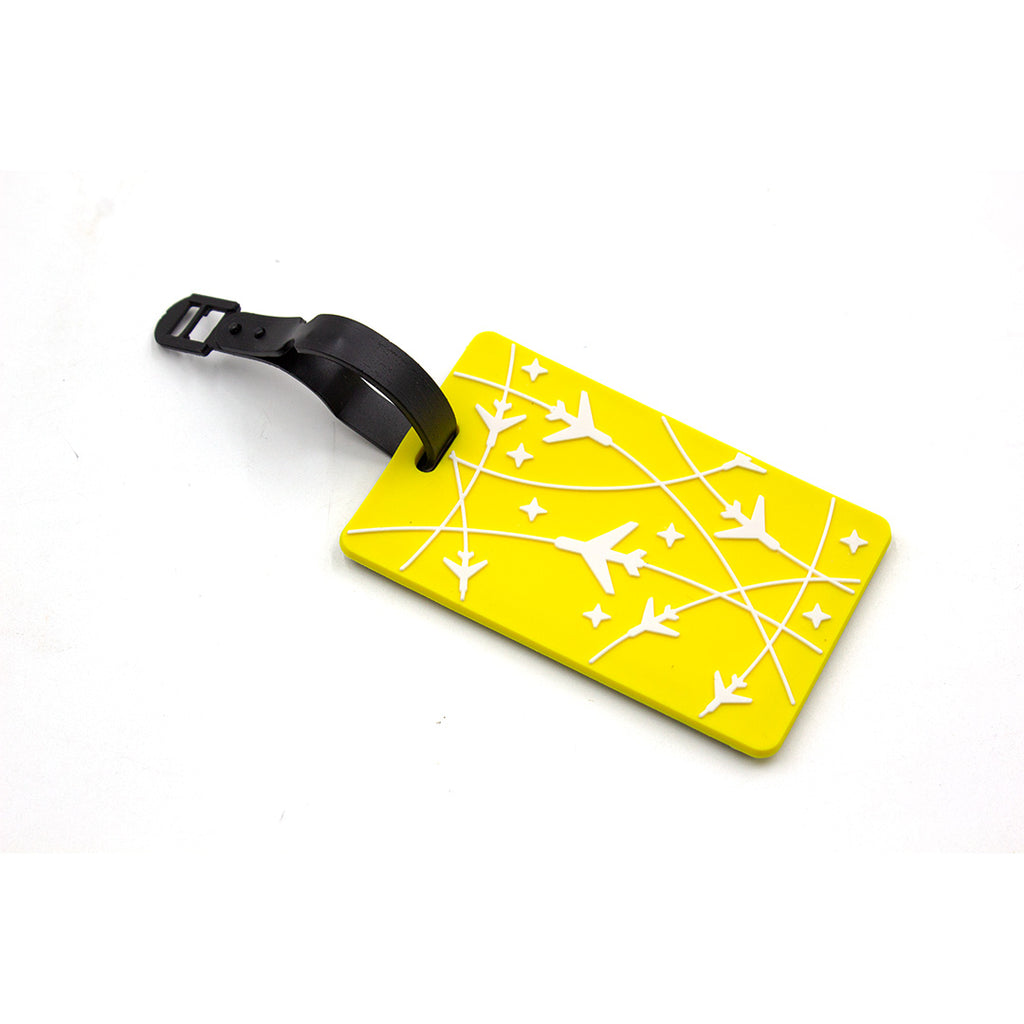 Yellow luggage tag with white airplane and star pattern on a white background