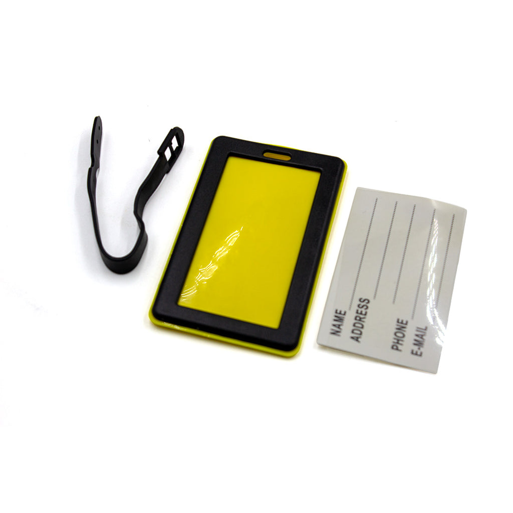 Yellow ID card holder with black strap and white label on a white background