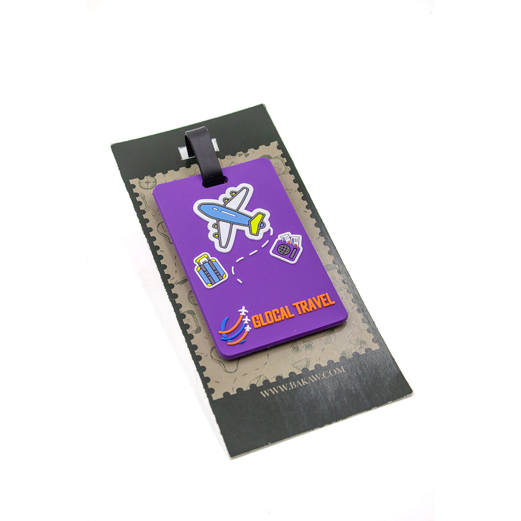 Purple luggage tag with airplane design on a gray background