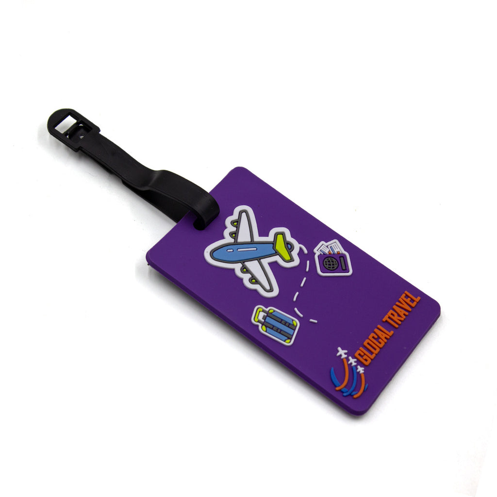 Purple luggage tag with airplane and suitcase icons on a white background