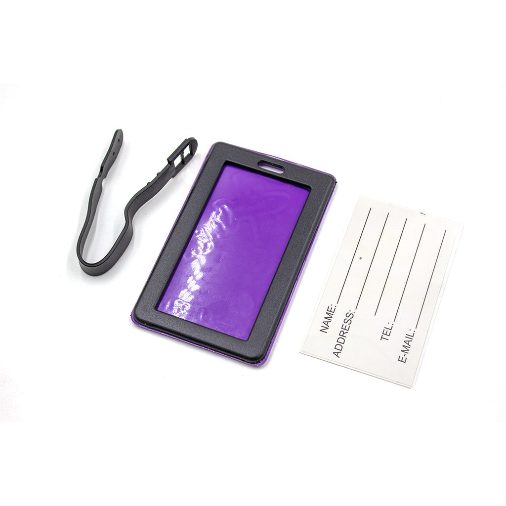 Purple ID card holder with a lanyard and name tag on a white background