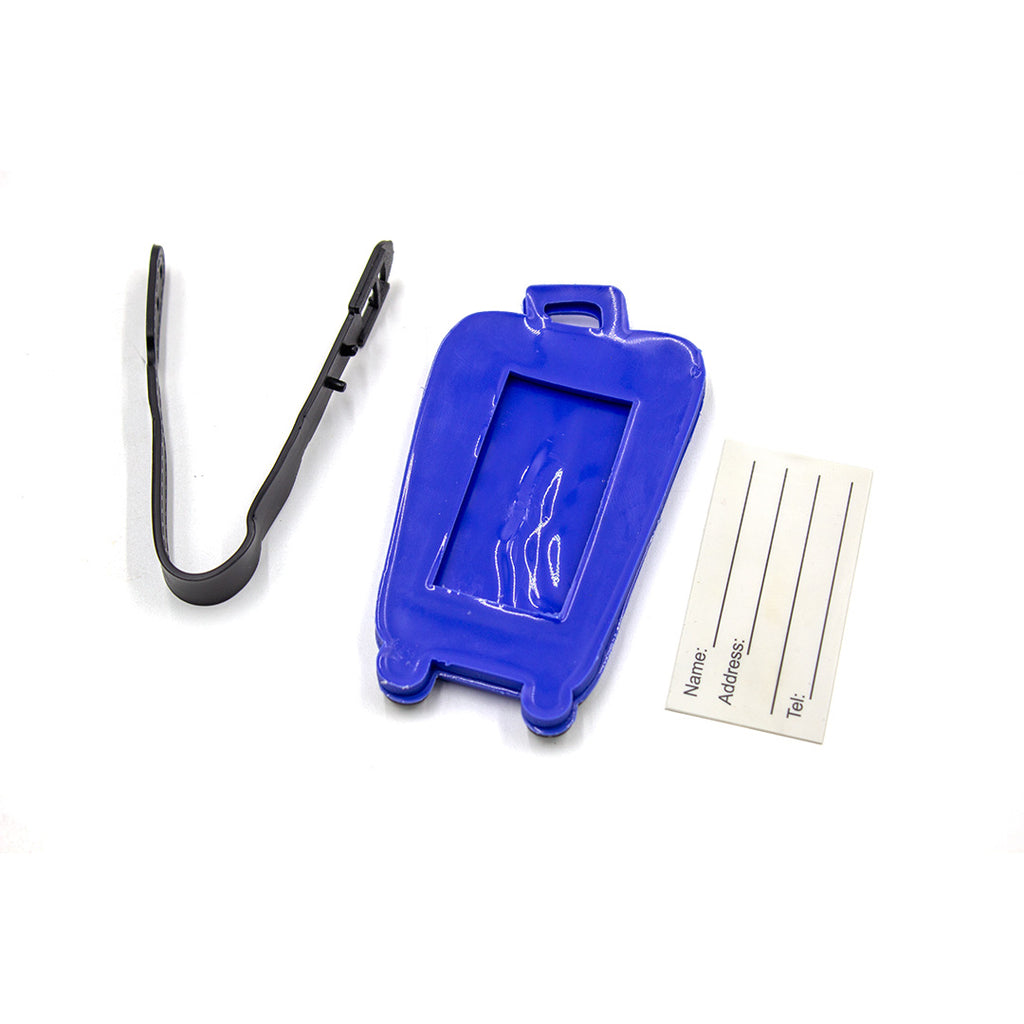 Blue plastic tag with black clip and white label on a white background