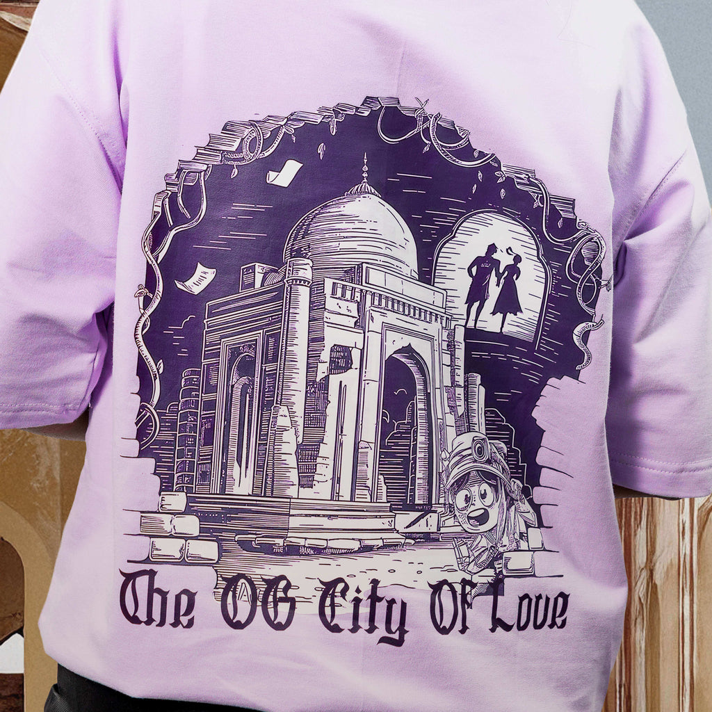 Mandu Lavender oversized t-shirt with lavender graphic design of a famous landmark and text on a white background