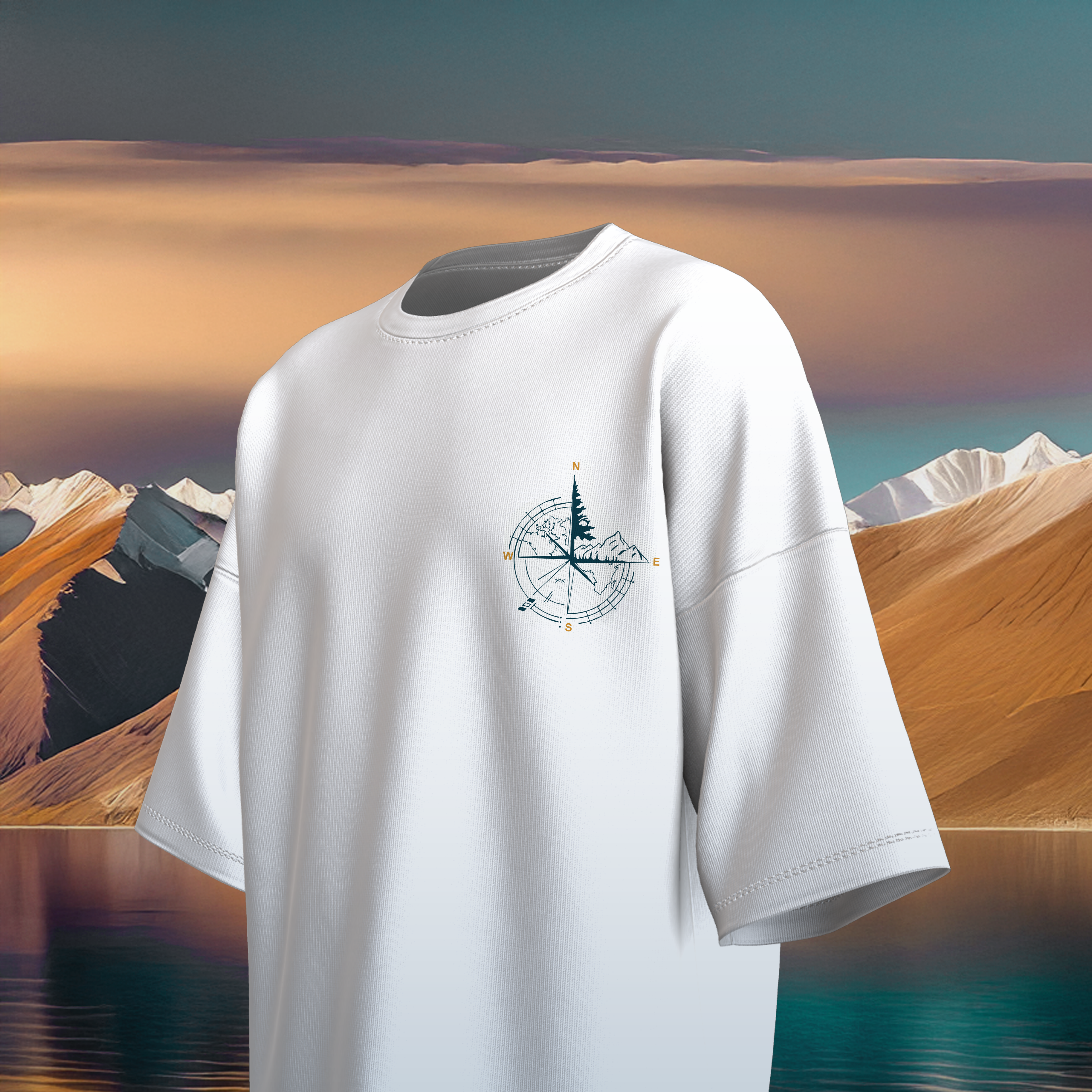 White oversized t-shirt with a compass design against a scenic desert and mountain background