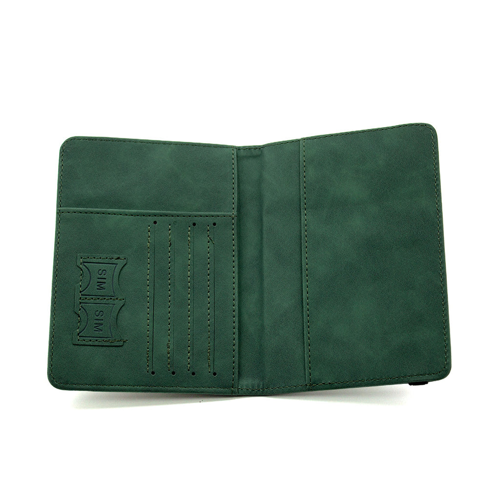 Green leather wallet with a brand logo on a white background