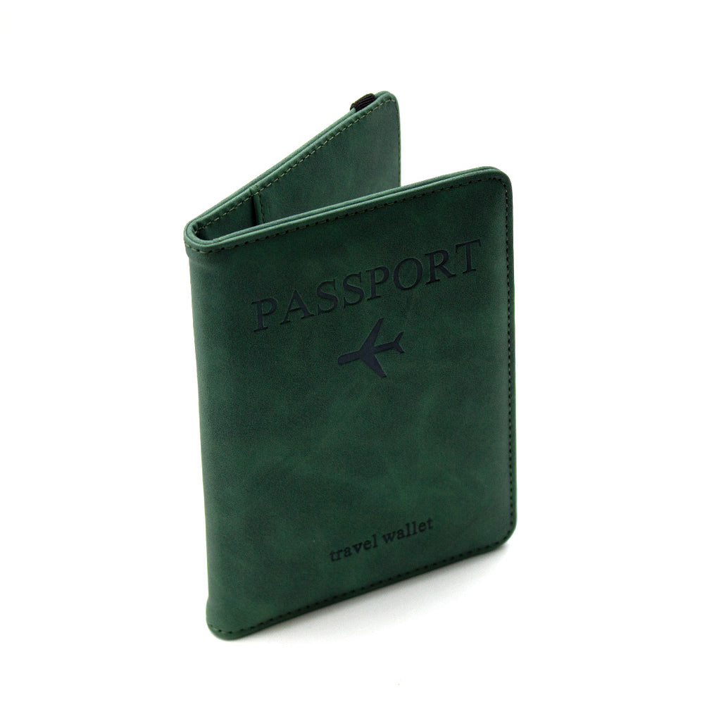 Green passport travel wallet with 'PASSPORT' and airplane icon on a white background