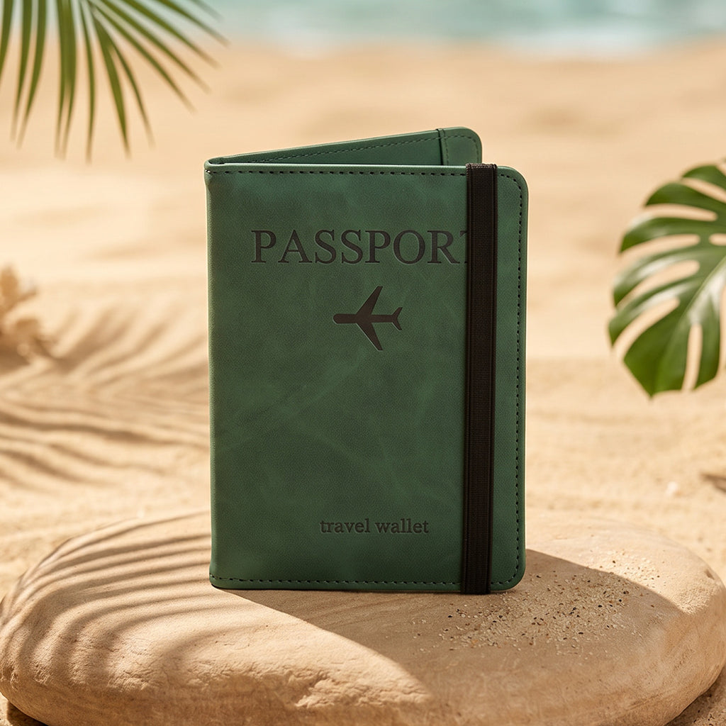 Green passport travel wallet on a sandy surface with palm leaves