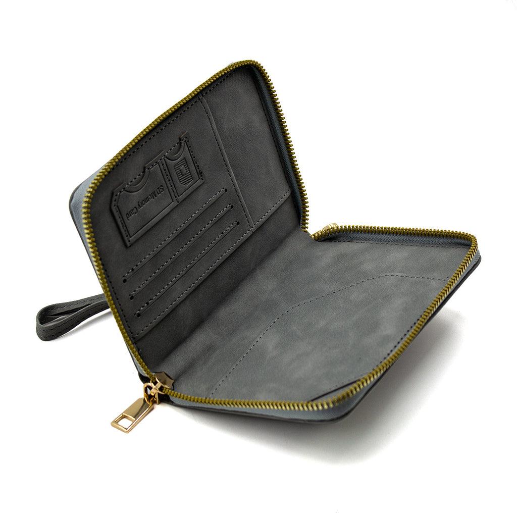 Gray wallet with gold zipper on a white background