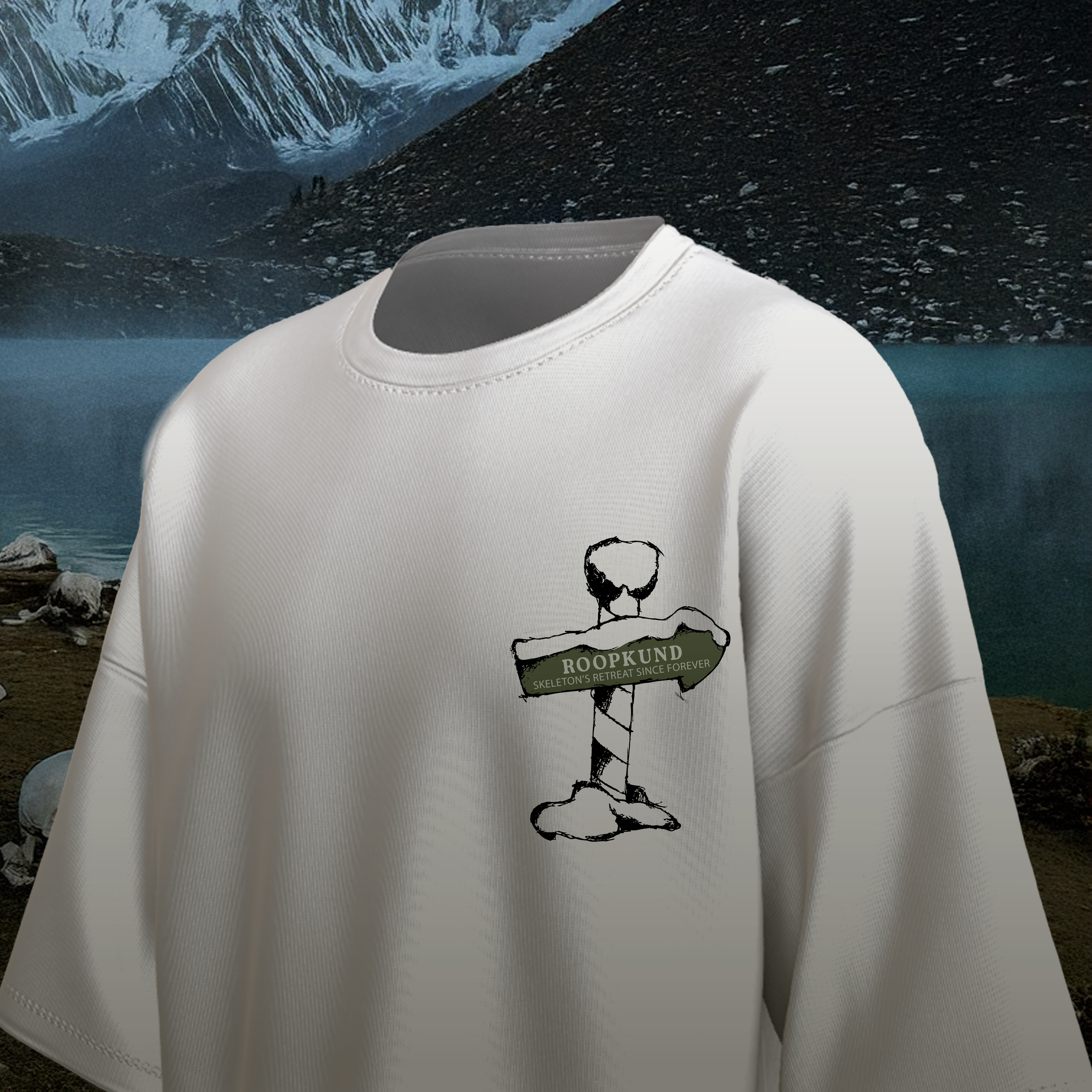 White Oversized T-shirt with a graphic design on a mountain landscape background