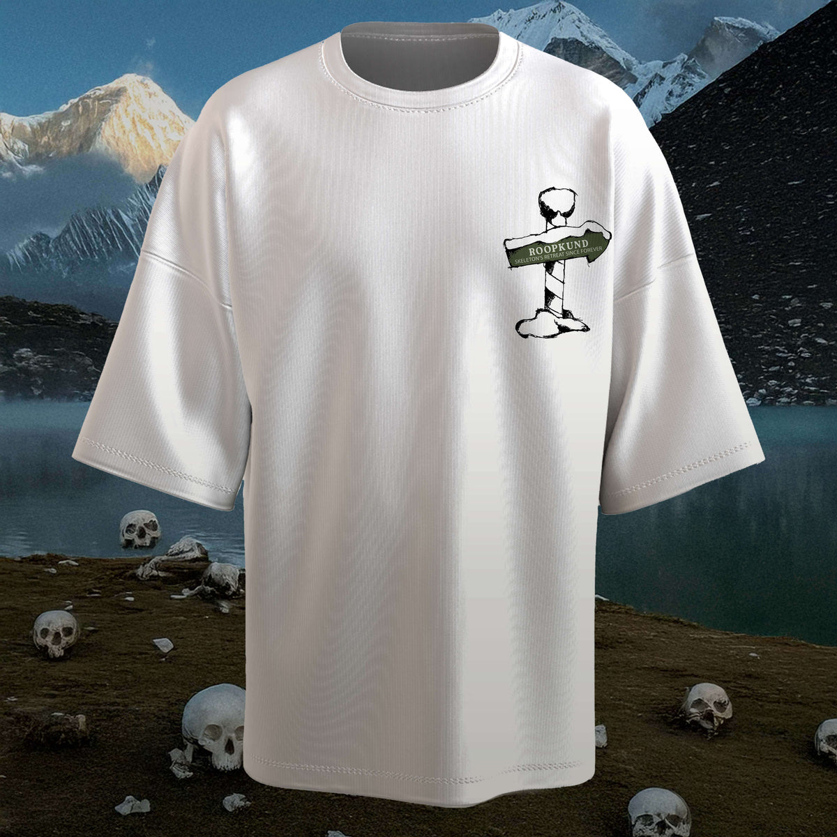 Roopkund White Oversized t-shirt with graphic on pocket side against lake with skull background