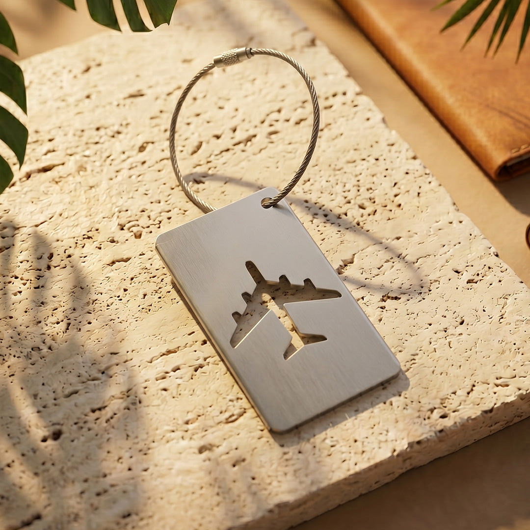 Luggage Tag - Laser-Cut Airplane Metal Tag (Matte Black)