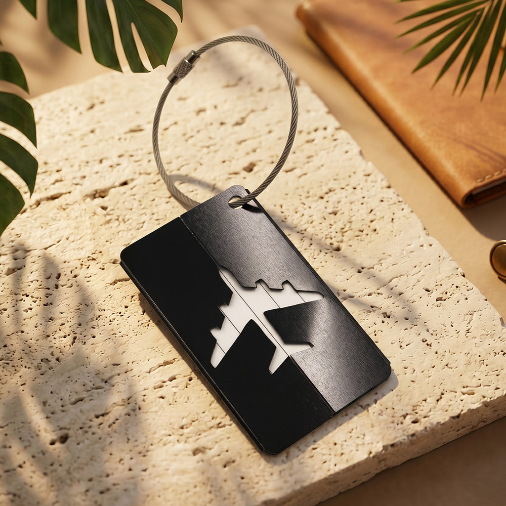 Luggage Tag - Laser-Cut Airplane Metal Tag (Matte Black)