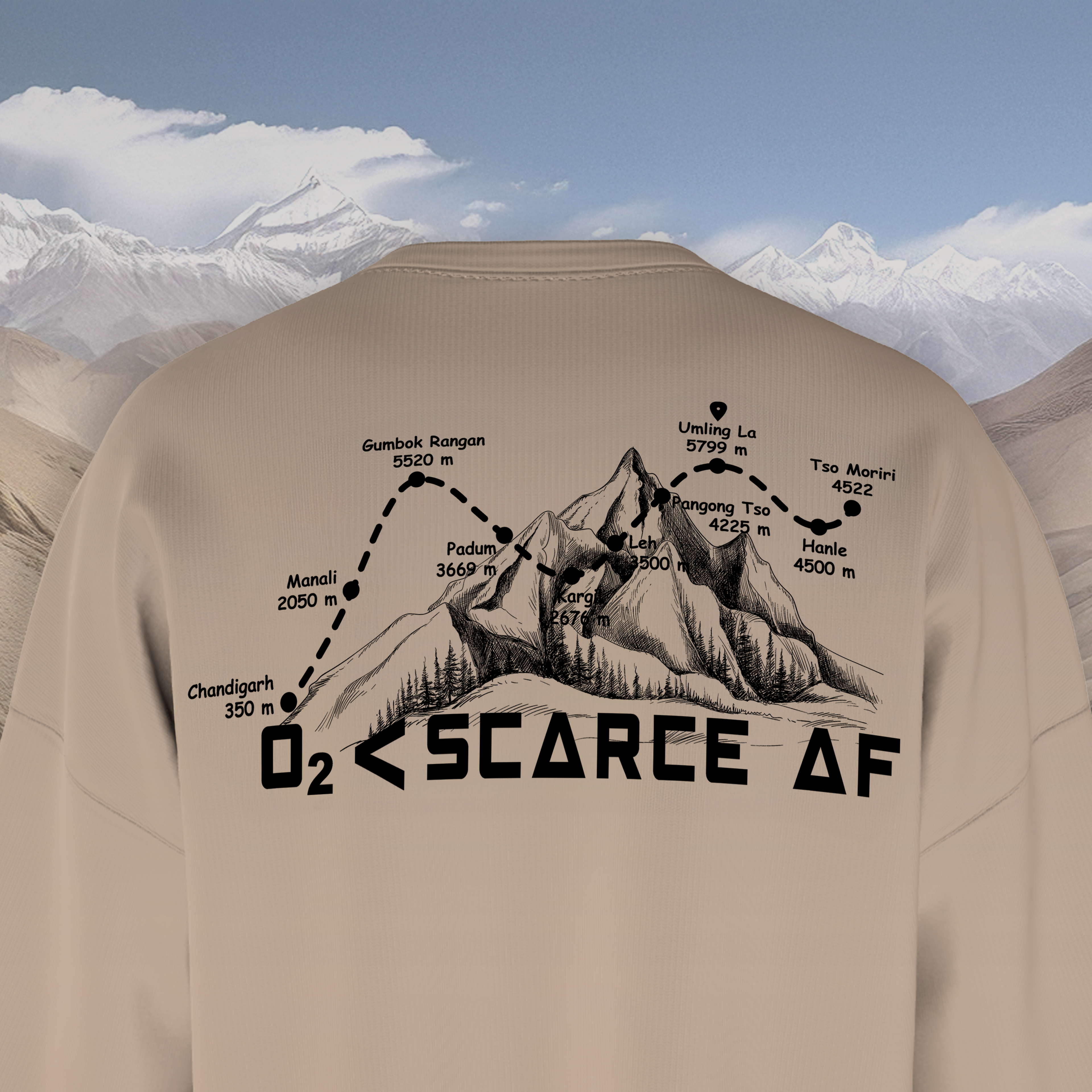 Beige oversized t-shirt with mountain graphic and text on a mountainous background